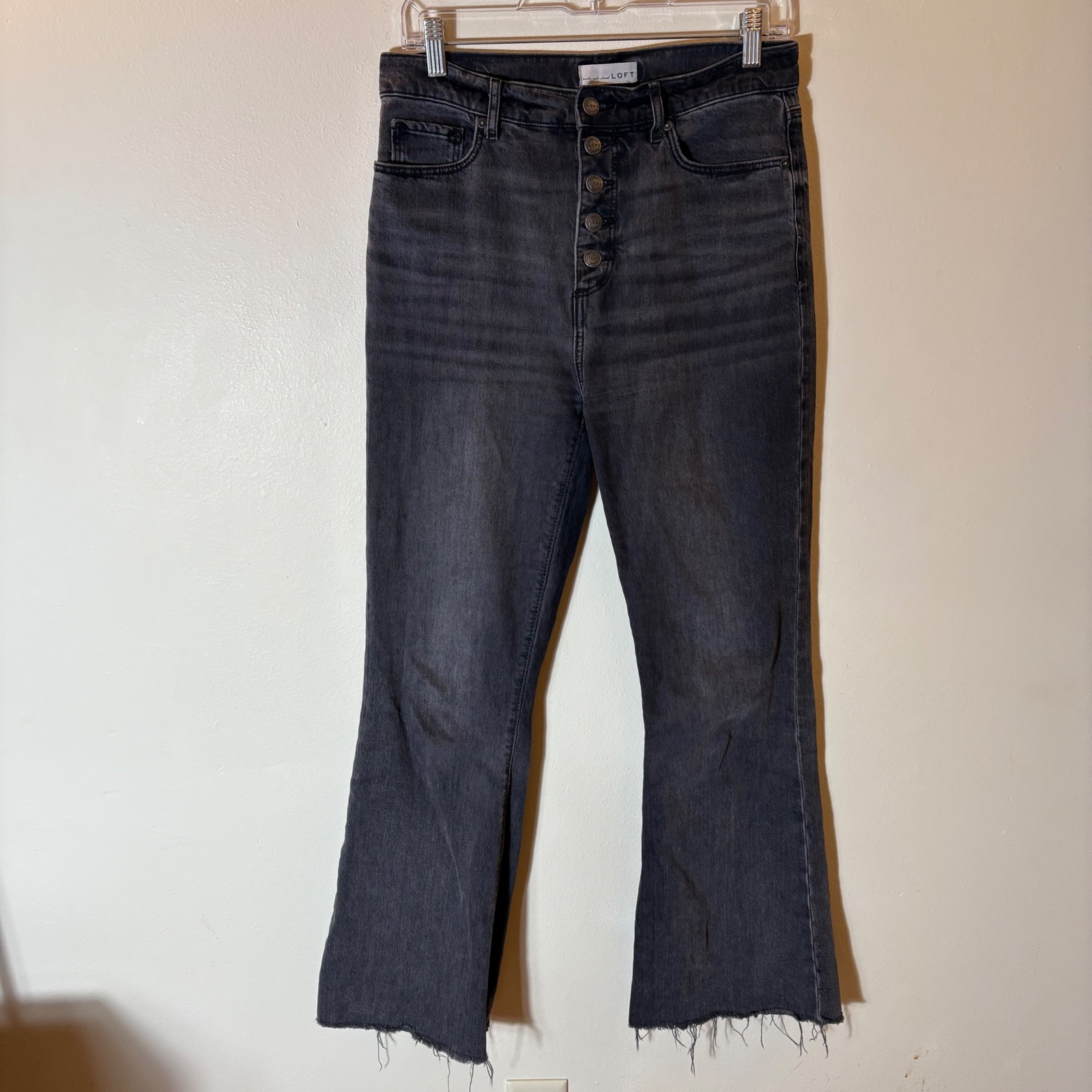 Loft High Waist Sandal Flare Jeans Faded Black Button Fly Raw Hem Size 2/26